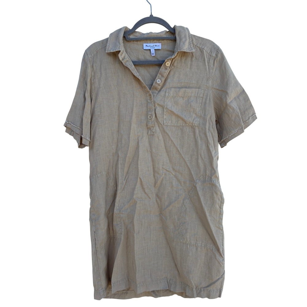 Michael Stars Tan Linen Blend Short Sleeve Button Front Shift Pocket Dress S